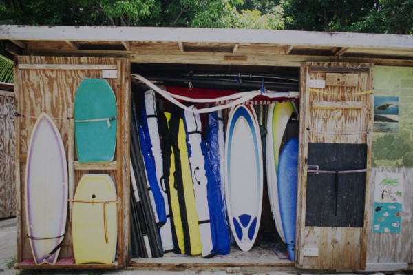 Surfboards and body boards in a shack, St. John, United States Virgin Islands, USA