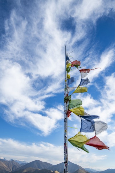 Prayer flags fluttering in wind atop Carbonate Mountain, Hailey, Idaho, USA