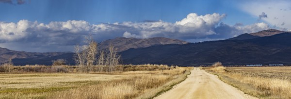Empty dirt road leading to foothills under stormy skies, Fairfield, Idaho, USA