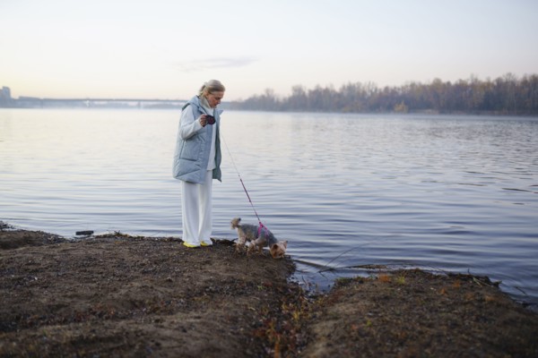 Woman with Yorkshire Terrier on lakeshore, Omsk, , Russia