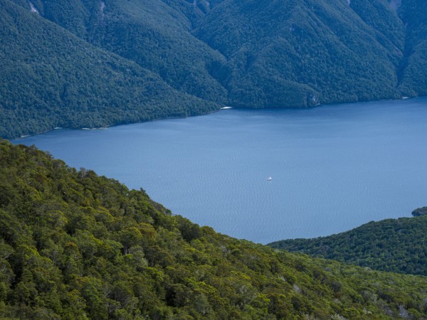 Blue lake surrounded with green hills, Te Anau, Fiordland, New Zealand