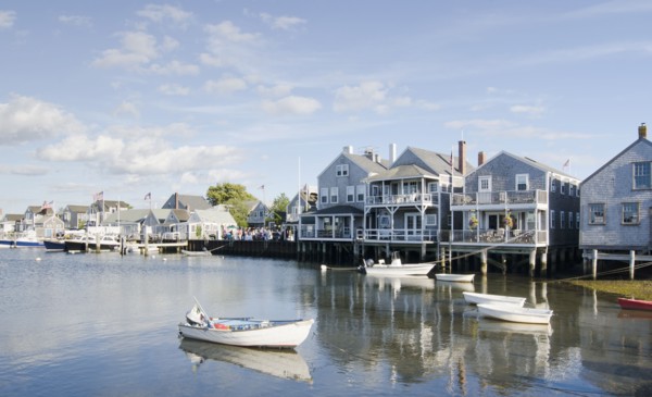USA, Massachusetts, Nantucket, Boats and waterfront buildings in Old North Wharf, Nantucket,