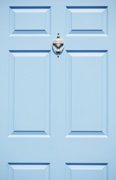 USA, New Jersey, Mendham, Blue front door with brass door knocker, Mendham, New Jersey, USA