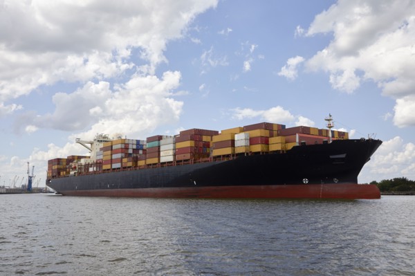 Cargo ship with containers at dock, Savannah, Georgia, USA