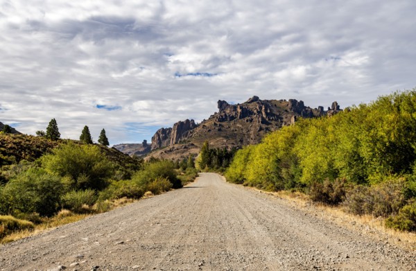 Empty gravel road leading to Estancia Arroyo Verde, Estancia Arroyo Verde, Nequen Province,