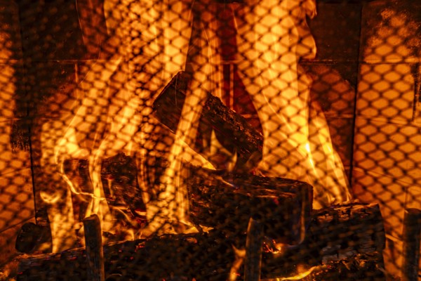 Close-up of robust fire in residential fireplace, Bellevue, Idaho, USA