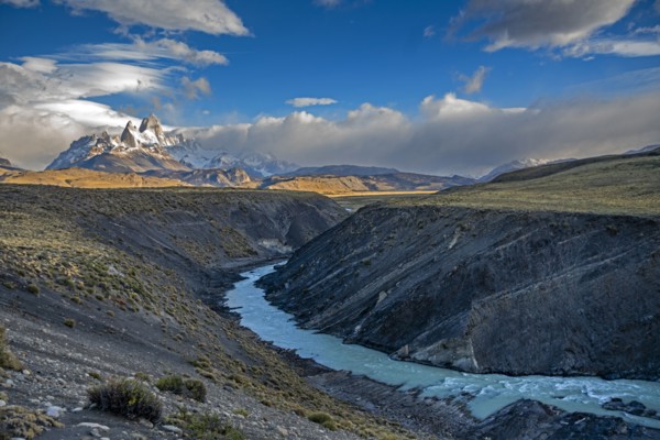 Argentina, Santa Cruz, El Chalten, Mount Fitz Roy massif and Las Vueltas River in morning light, El