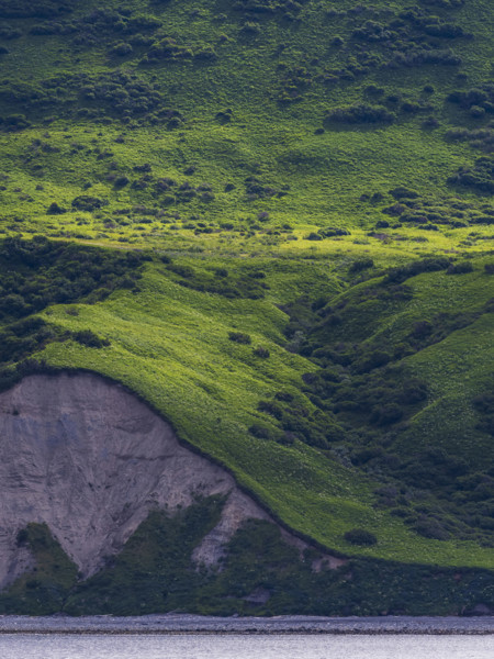 Cliff and green hill seen across water
Kodiak Island, Alaska, USA