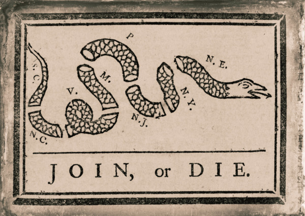 "Join or Die" snake newspaper cartoon design by Ben Franklin