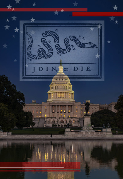 USA, DC., Washington, "Join or Die" newspaper on night sky above the Congress building