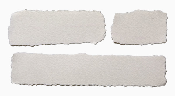 Pieces of torn paper on white background. New York City, New York State, USA.