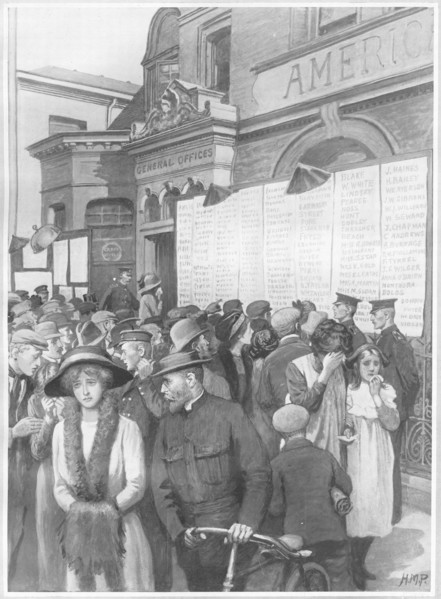 Illustration montrant la foule rassemblée devant les locaux de la White Star Line, à Southampton,