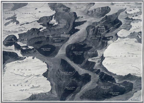Illustration situant l'épave du RMS Titanic sur une carte de l’océan atlantique. Construit par