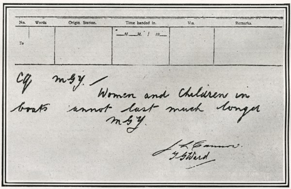 Message de détresse envoyé par les opérateurs radio du RMS Titanic