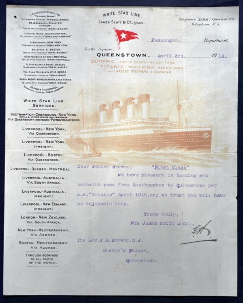 Lettre envoyée au Père Browne, en accompagnement de son billet du RMS Titanic