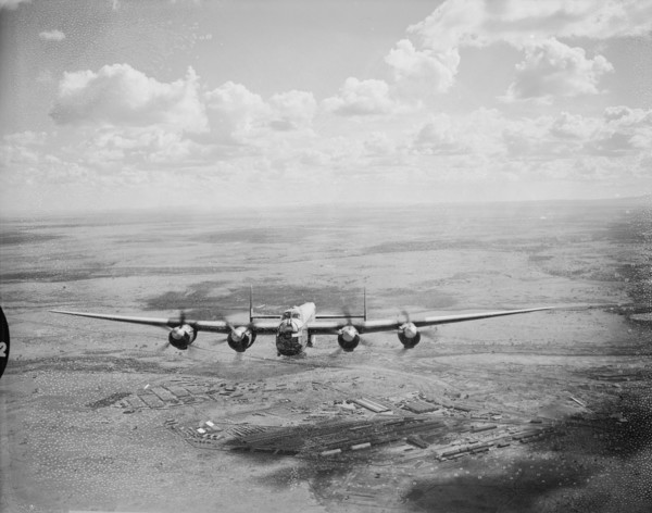 From a Lincoln bomber. Taken from a Lincoln bomber aeroplane, this shot shows a second Lincoln