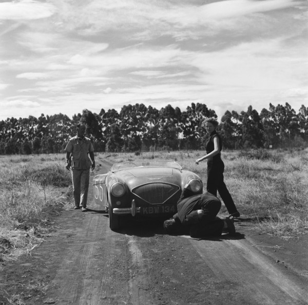 Fixing 55. Driver Morland and team check over their Austin-Healey racing car in the retries of race