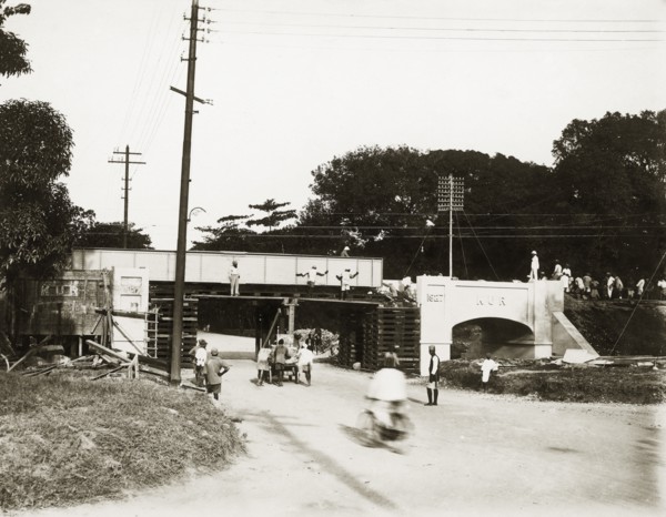 Building a rail bridge. A rail bridge under construction on the Kilindini-Mombasa road. The