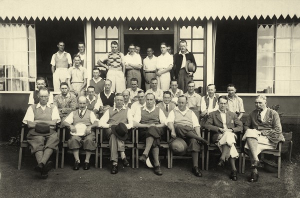Railway golfers at Muthaiga Club. Informal outdoors portrait of a group of European men wearing