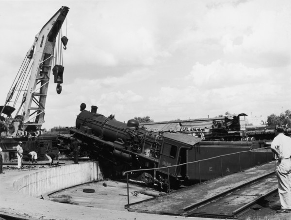 Runaway locomotive. An official photograph from the East African Railways and Harbours