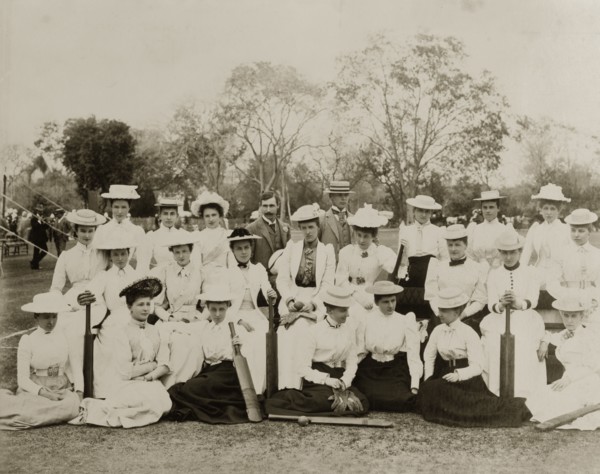 Victorian ladies' cricket. Two ladies' cricket teams in their sporting whites pose for the camera