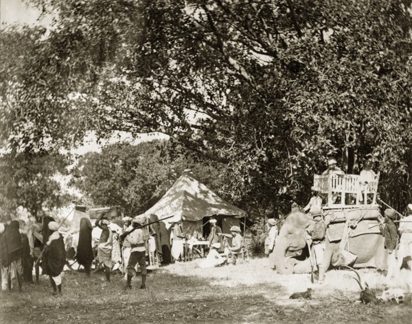 Leaving for the tiger hunt. The campsite of a hunting party bustles with activity in preparation