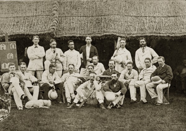 Satara and Poona cricket teams. Group portrait of the Satara and Poona cricket teams dressed in