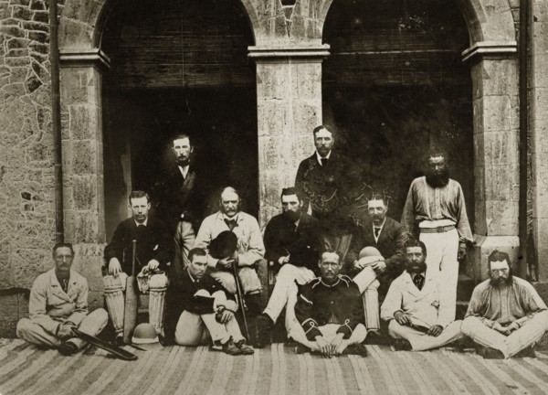Satara and Poona cricket teams. Group portrait of the Satara and Poona cricket teams dressed in