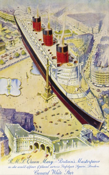 RMS Queen Mary in Trafalgar Square. Postcard of a fantastical drawing depicting the RMS Queen Mary
