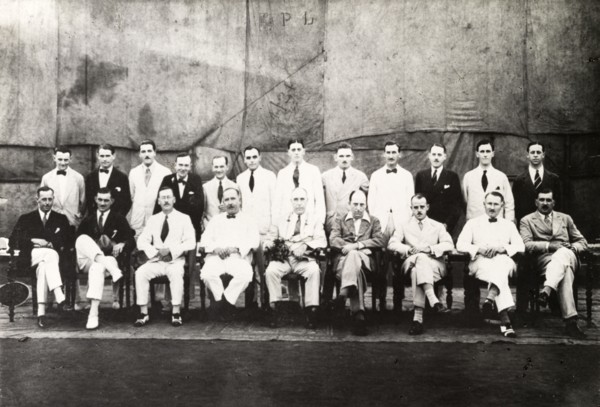 Steel Brothers employees. Portrait of a group of mainly British employees working for Steel