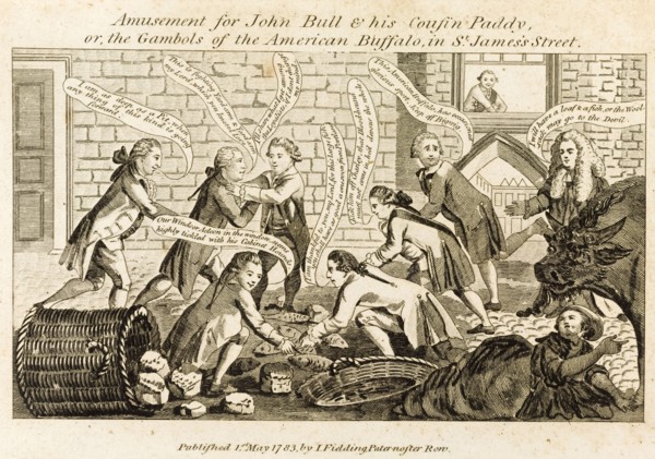 The Gambols of the American Buffalo in St James' Street'. Originally captioned 'The Gambols of the