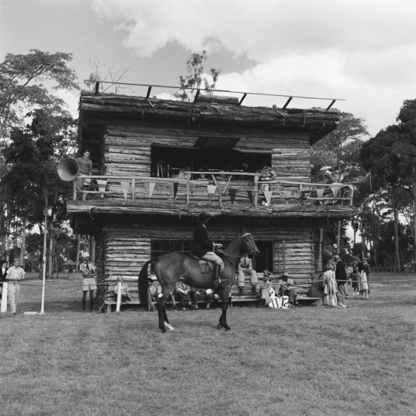 Reporters box at the SJAK show. A rider in the class 14 gambler stakes pauses in front of a
