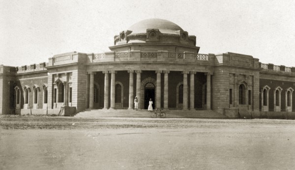 Medical school, Khartoum. Two men stand on the steps of the Khartoum medical school alongside a