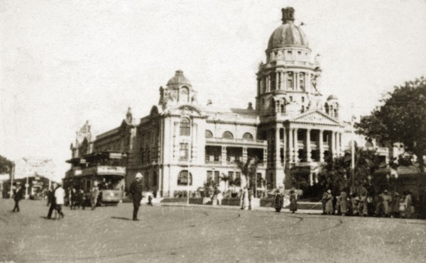 Durban town hall. Street scene outside the town hall in Durban city centre, showing a crowd of