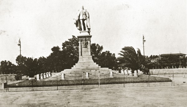 Statue of King Edward VII. A statue of King Edward VII of England, surrounded by a formal grass