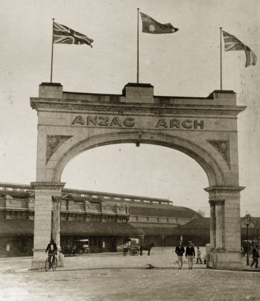 The ANZAC arch, Adelaide. Australian and union jack flags fly high above the ANZAC arch. Erected in