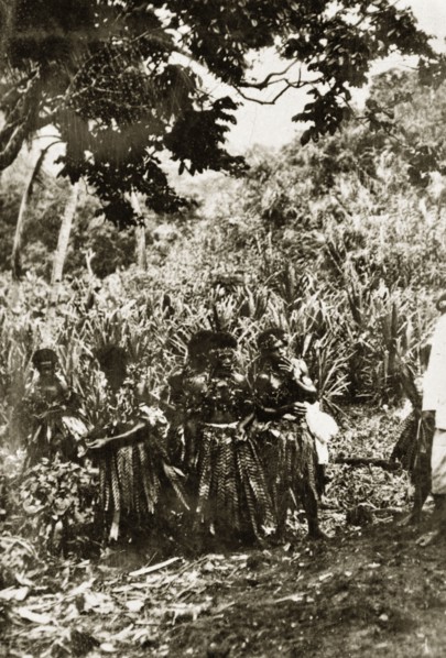 Fijian firewalkers. A group of Fijian men wear traditional dress consisting of tassled skirts,