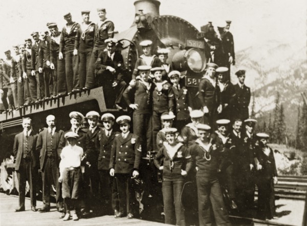 Trip to the Rockies. Uniformed sailors in the British Special Service Squadron pose for the camera