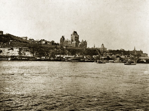 Quebec waterfront. The grandiose Chateau Frontenac Hotel overlooks the waterfront. Quebec, Canada,