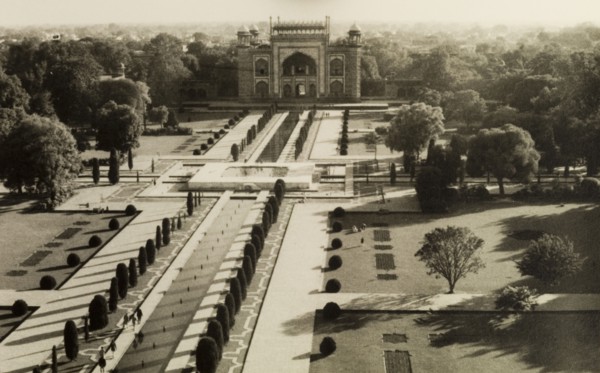 Gardens and gateway of the Taj Mahal. View of the formal 'charbagh' gardens at the Taj Mahal,