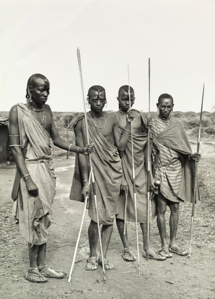 Maasai warriors, Tanganyika. Four Maasai warriors dressed in traditional dress pose for the camera,