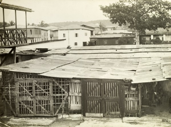Gold Coast shanty town. The corrugated iron roofs of a shanty town. Accra, Gold Coast (Ghana),