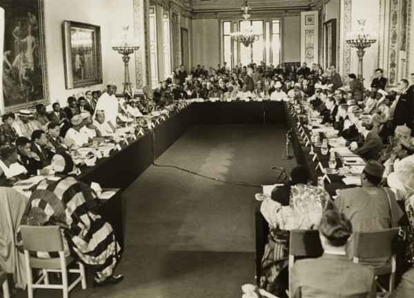 The 1957 Lancaster House Conference. Dr Nnamdi Azikiwe, Premier of Eastern Nigeria, addresses a