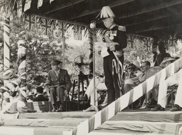 Arden-Clarke delivers a speech. Sir Charles Noble Arden-Clarke (1898-1962), last Governor of the