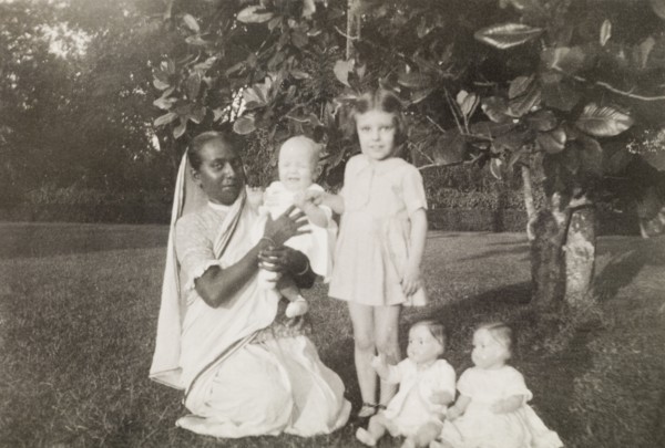 Ayah with children. An Indian ayah (nursemaid) poses beside her British charges, a young girl and a