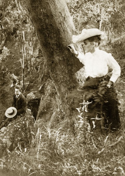 Walk in the outback, Australia. Ellen May Pughe, nee Brodribb, and her son Evan ('Goosey') Pughe,