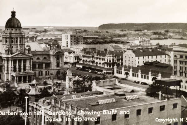 Durban town hall. View of Durban town hall and gardens looking across the city towards the bluff