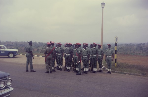 Nigerian military police. Uniformed military police, pictured towards the end of the Nigerian Civil