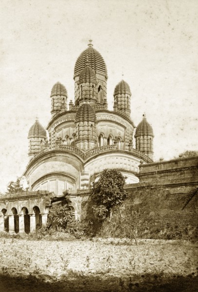 The Dakshineshwar Temple. The Dakshineshwar temple at Kali Ghat, adorned with nine 'chhatris'