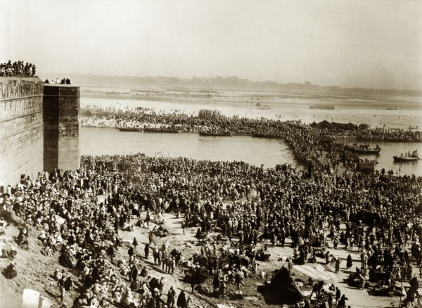 Pilgrims at the Kumbh Mela. Distant view of masses of pilgrims at the Kumbh Mela. Allahabad, United